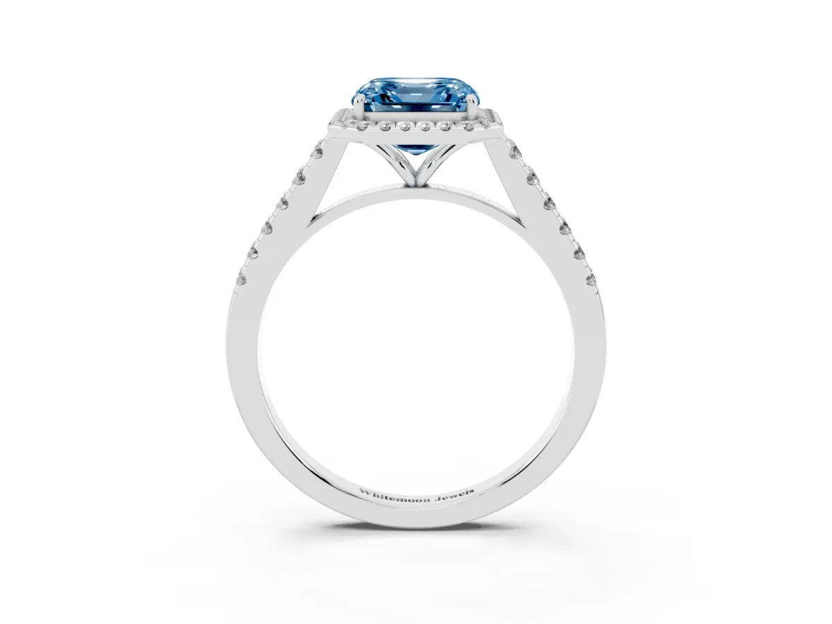 Fancy Blue Asscher Cut Halo Pave Diamond Engagement Ring with Four-Prong Setting Silver