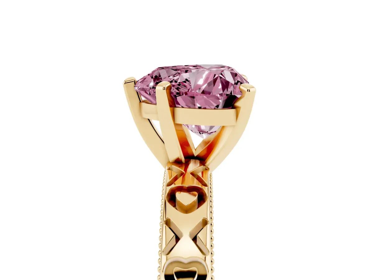 Fancy Pink Heart Cut Solitaire Diamond Engagement Ring with XO Engraved Band and Four-Prong Setting Yellow gold