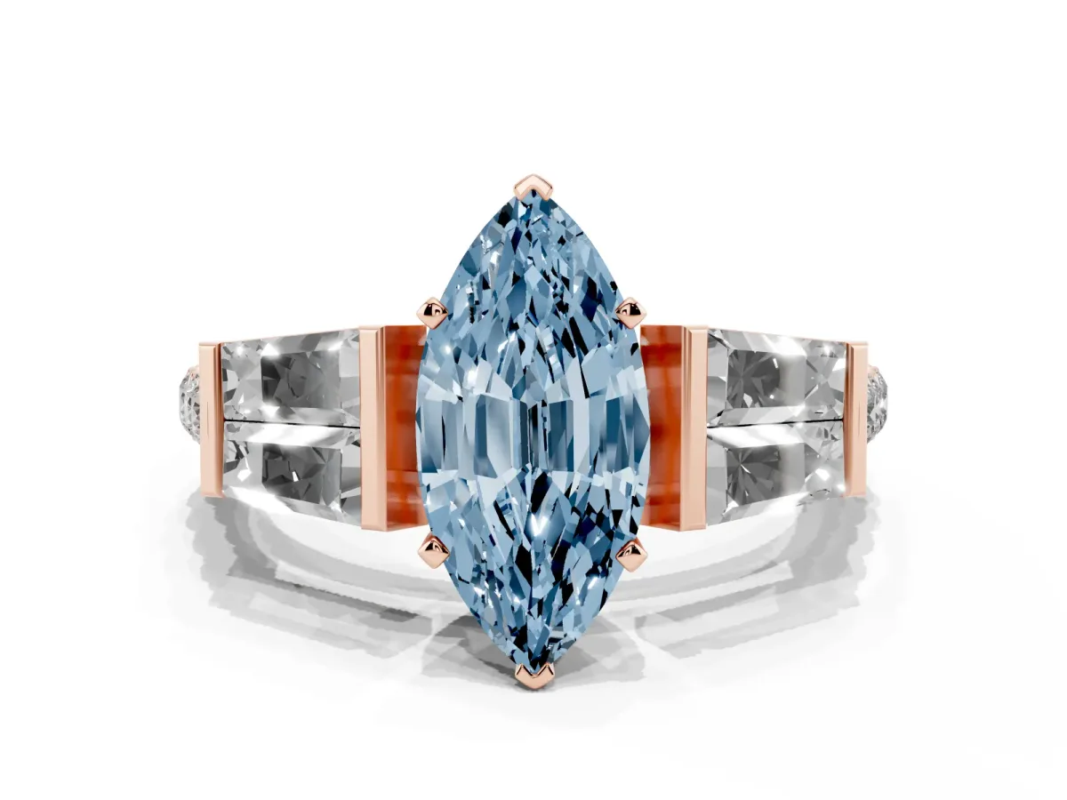 Fancy Blue Marquise Cut Diamond Engagement Ring with Baguette Side Stones and Channel Set Band Rose gold