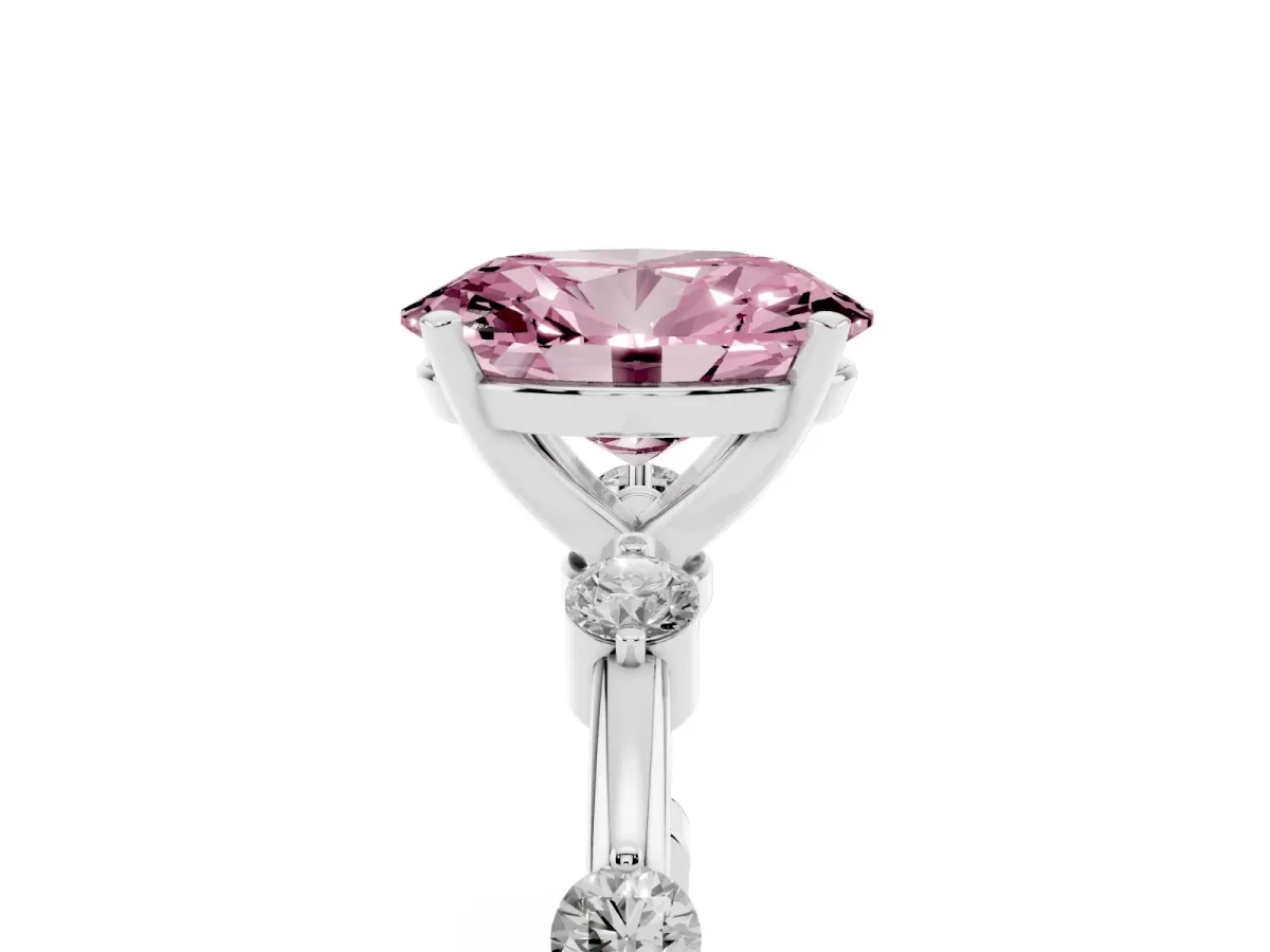 Fancy Pink Oval Cut Solitaire Diamond Ring with Bezel Set Side Stones and Prong Setting Silver