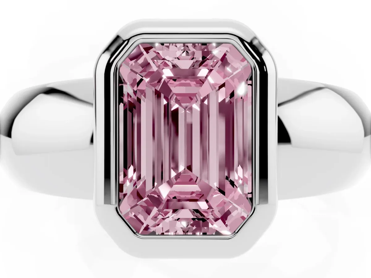 Fancy Pink Bezel Set Emerald Cut Solitaire Ring with Wide Band White gold