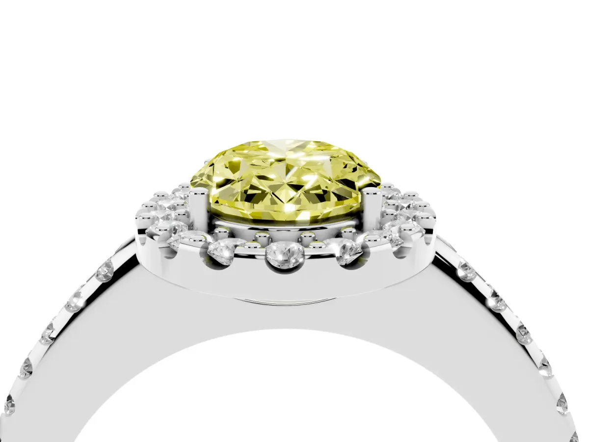 Fancy Yellow Oval Cut Diamond Pavé Halo Ring with Four-Prong Setting Silver
