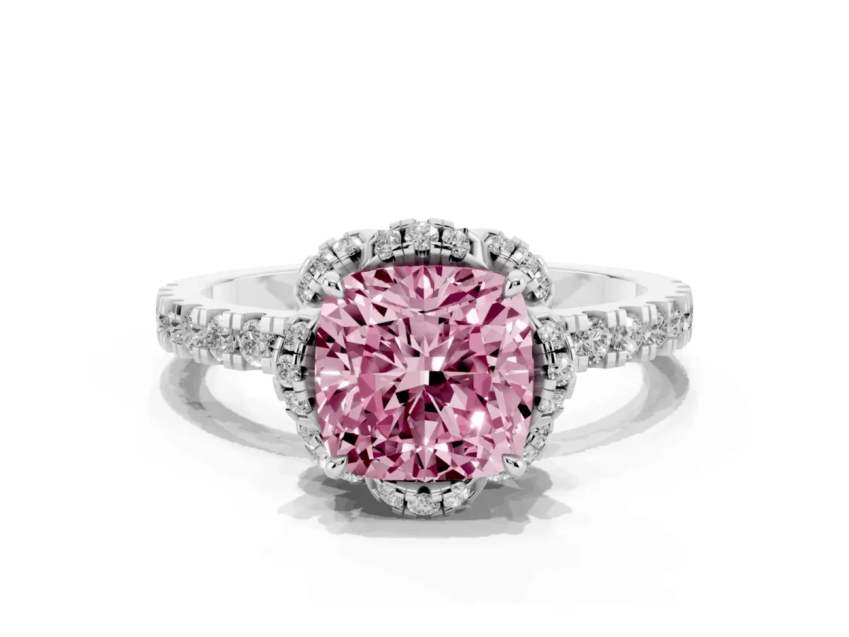 Fancy Pink Cushion Cut Halo Diamond Pave Band Ring with Four-Prong Setting Silver