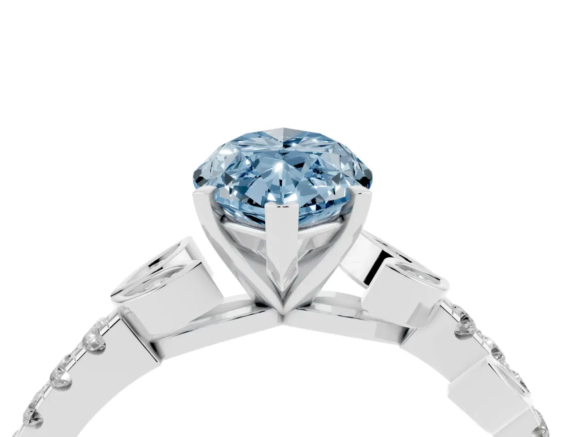 Fancy Blue Marquise Cut Solitaire Leaf-Inspired Diamond Ring with Pavé Band and Four-Prong Setting Silver