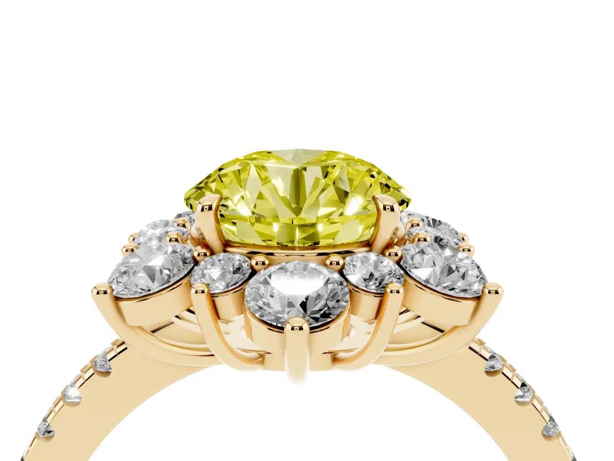 Fancy Yellow Round Cut Diamond Floral Halo Ring with Round Pavé Band and Prong Setting Yellow gold