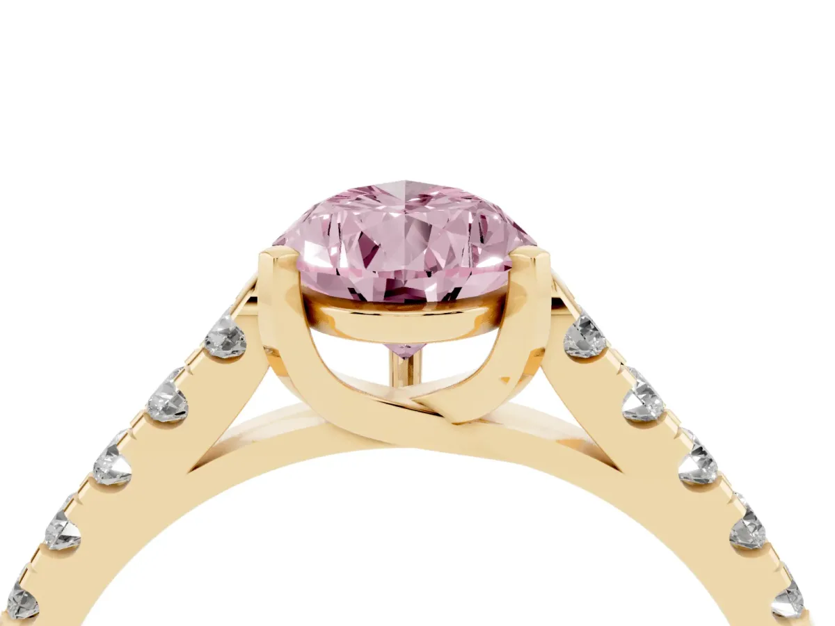 Fancy Pink Pear Cut Diamond Pavé Band Solitaire Ring with Prong Setting Yellow gold