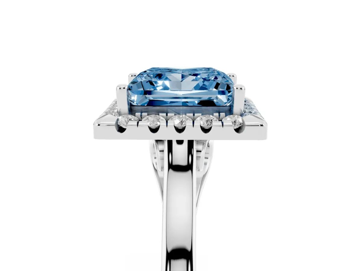 Fancy Blue Princess Cut Halo Round Diamond Solitaire Ring with Pavé Band and Four-Prong Setting Silver