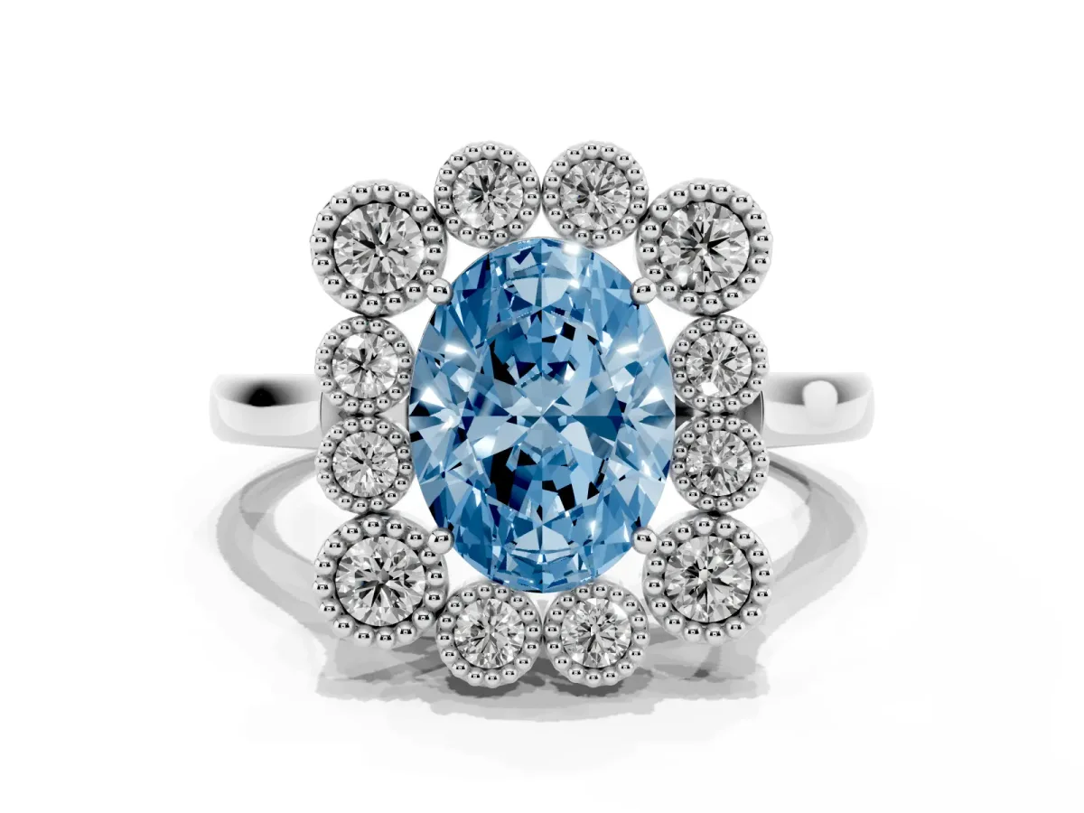 Fancy Blue Oval Cut Halo Diamond Cluster Engagement Ring with Milgrain Bezel Setting and Solitaire Band White gold