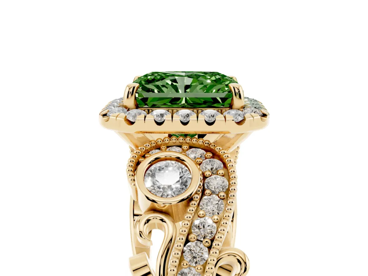 Fancy Green Radiant Cut Halo Diamond Ring with Milgrain and Bezel Accents on a Split Shank Band Yellow gold