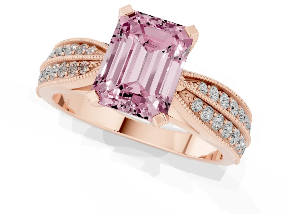 Fancy Pink Emerald Cut Diamond Solitaire Ring with Milgrain Round Pavé Band and Prong Setting Rose gold