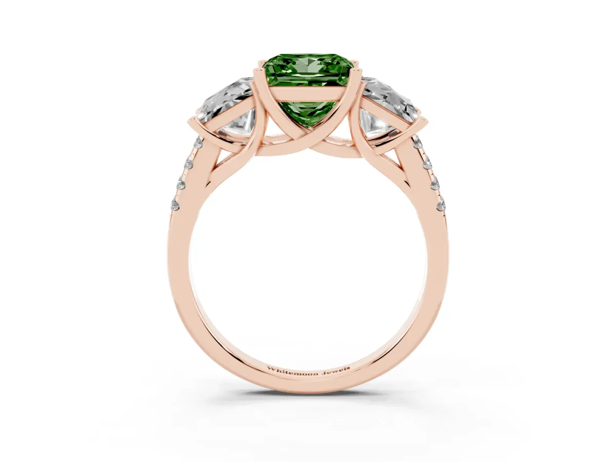 Fancy Green Three-Stone Princess Cut Diamond Ring with Round Pavé Band and Prong Setting Rose gold