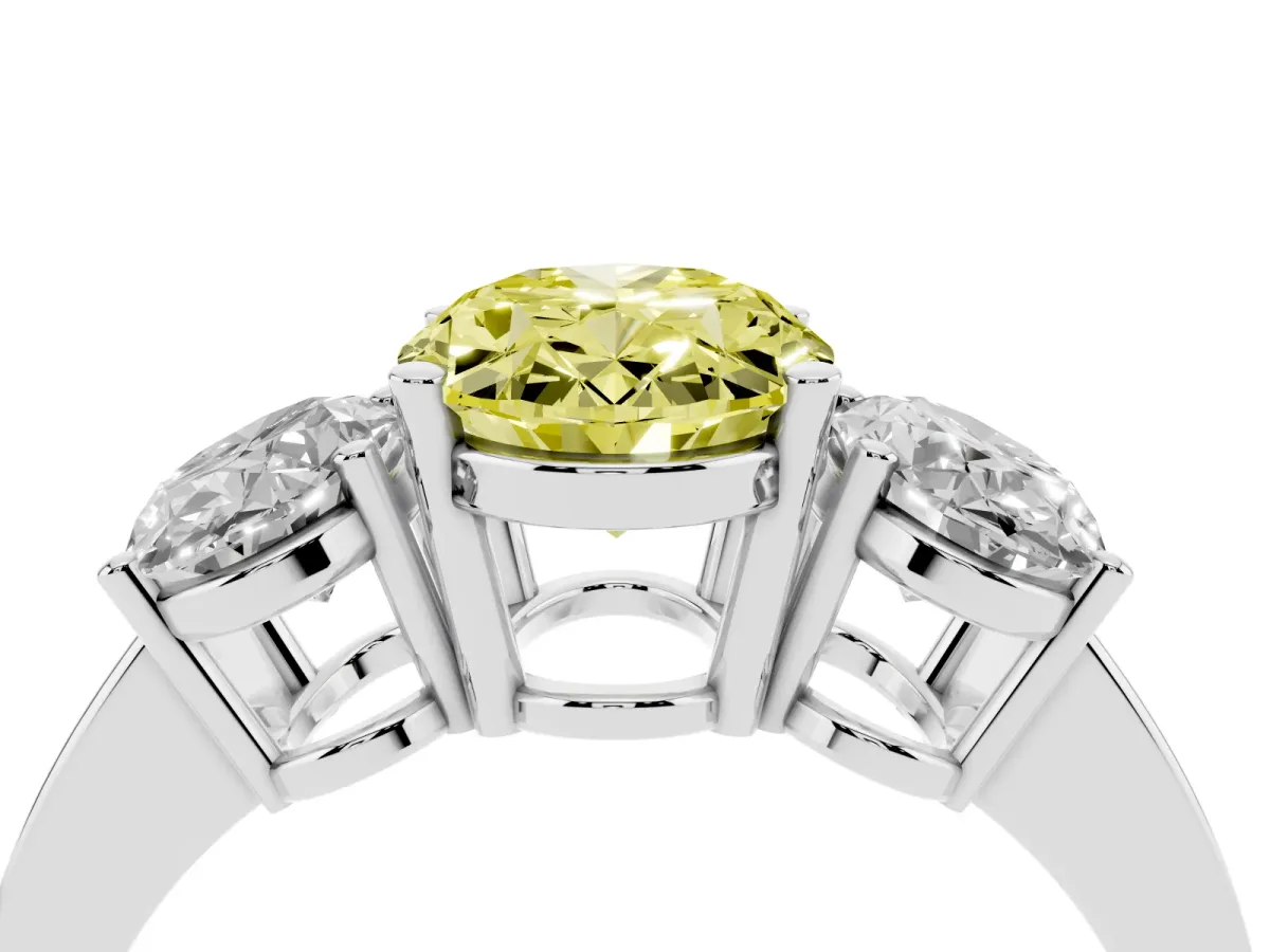 Fancy Yellow Three-Stone Oval Cut Cut Diamond Engagement Ring with Flat Band and Four-Prong Setting Silver