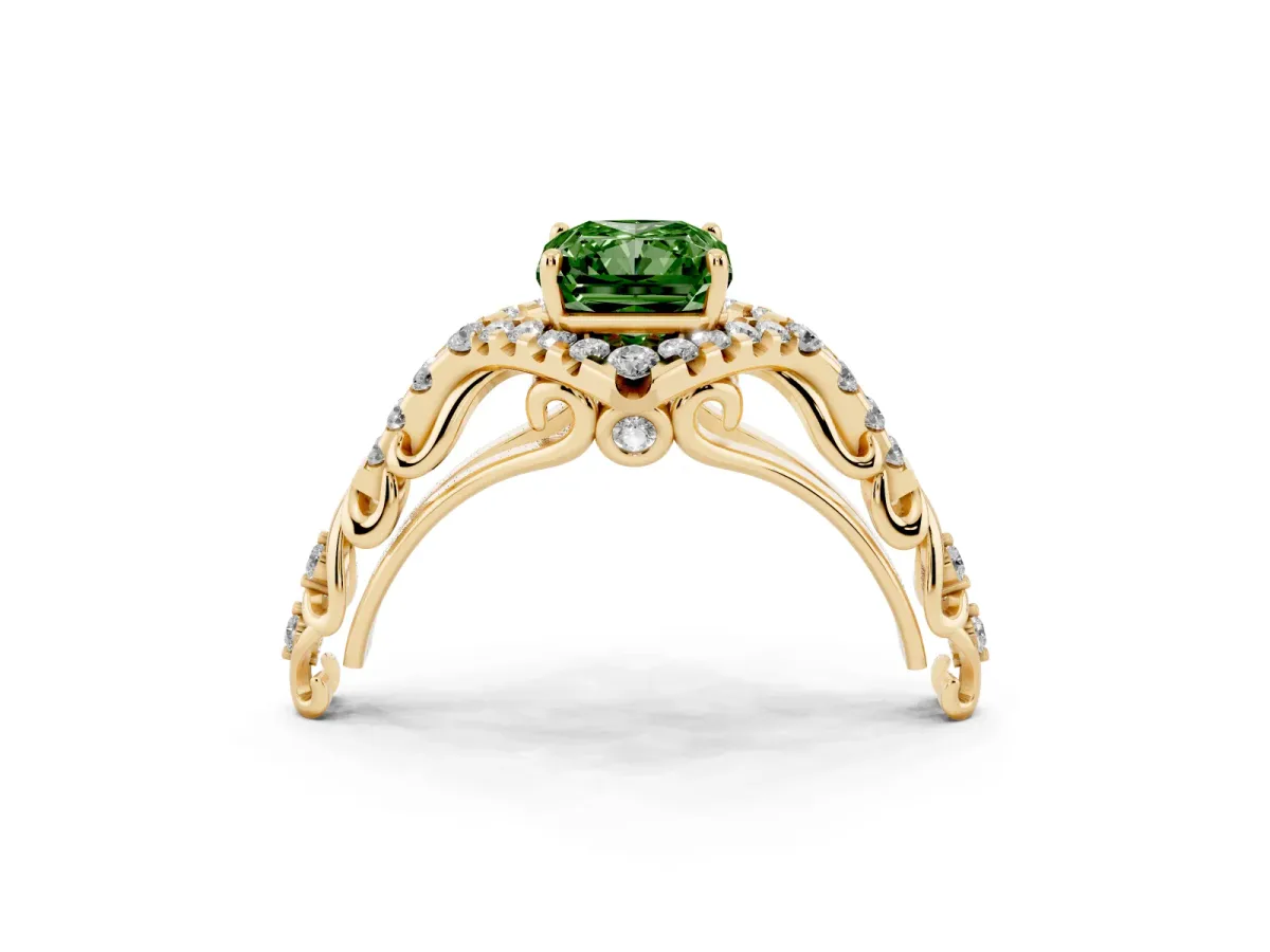 Fancy Green Radiant Cut Diamond Solitaire Ring with Hidden Halo and Pavé Band Yellow gold