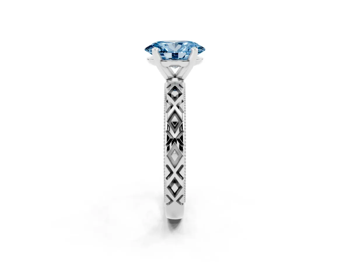 Fancy Blue Oval Cut Solitaire Diamond Ring with Milgrain and Black Enamel X Pattern Band Platinum