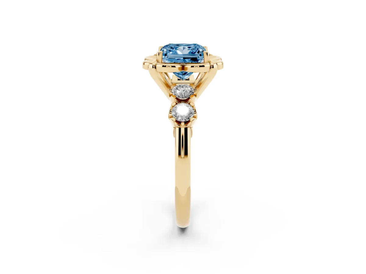 Fancy Blue Princess Cut Cut Diamond Floral Halo Engagement Ring with Shared Prong Setting Yellow gold
