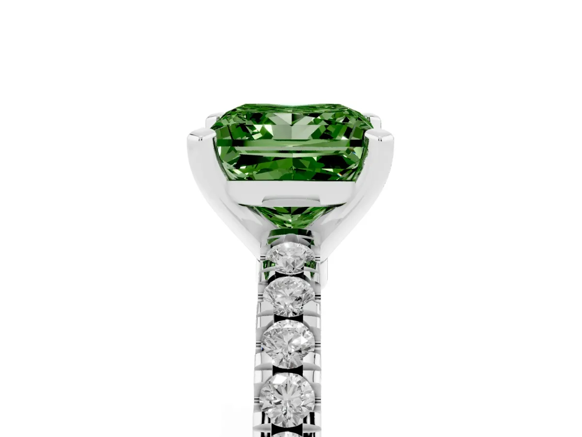 Fancy Green Princess Cut Solitaire Diamond with Pavé Band and Four-Prong Setting Platinum