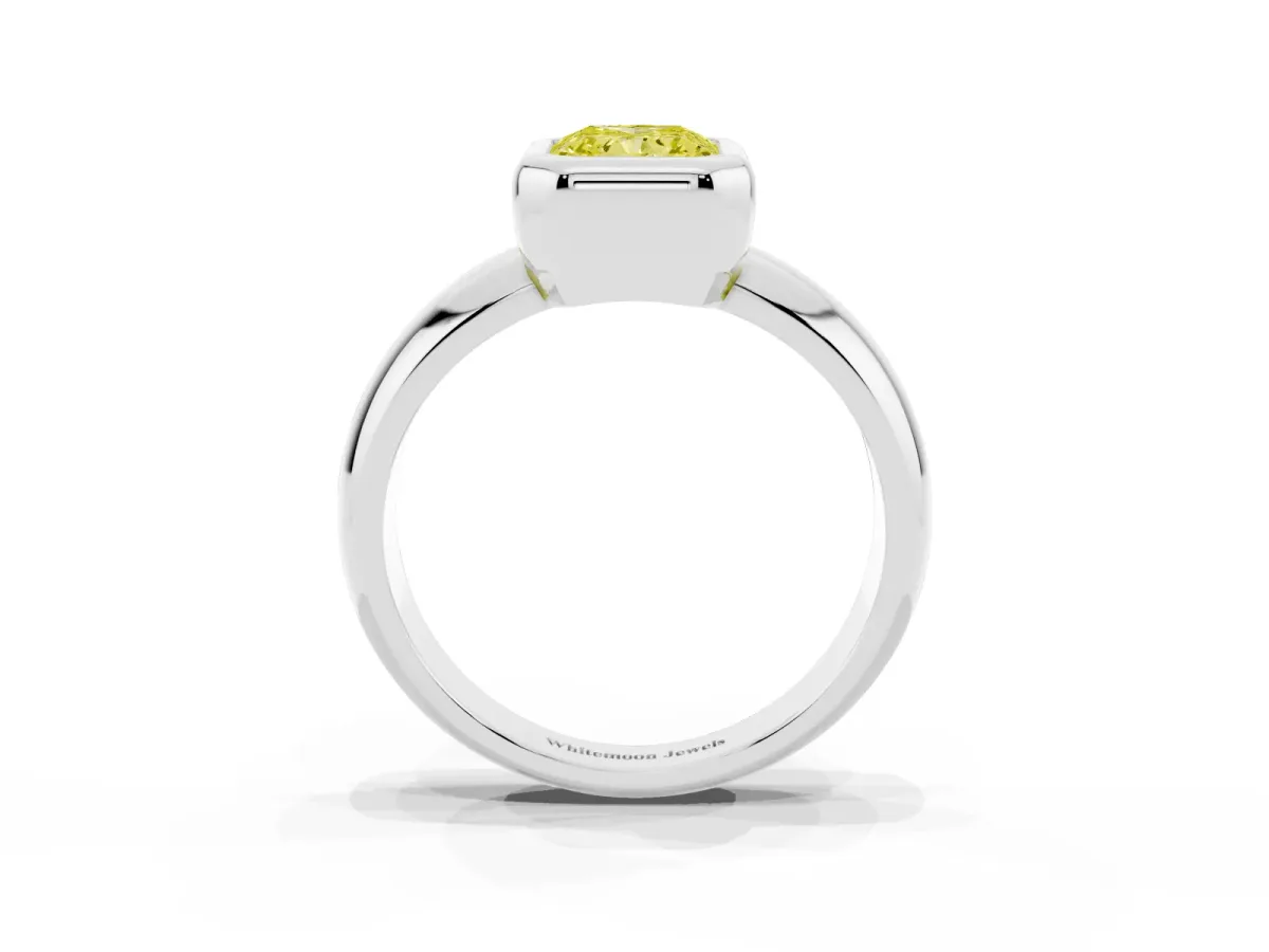 Fancy Yellow Bezel Set Radiant Cut Solitaire Ring with Wide Band Silver