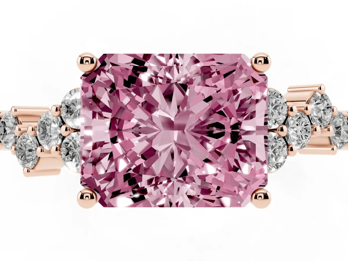 Fancy Pink Radiant Cut Diamond Scattered Round Accent Ring with Prong Setting Rose gold