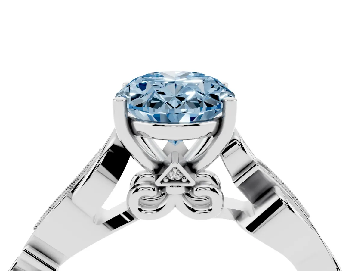 Fancy Blue Oval Cut Solitaire Vine Band with Milgrain Prong Setting White gold