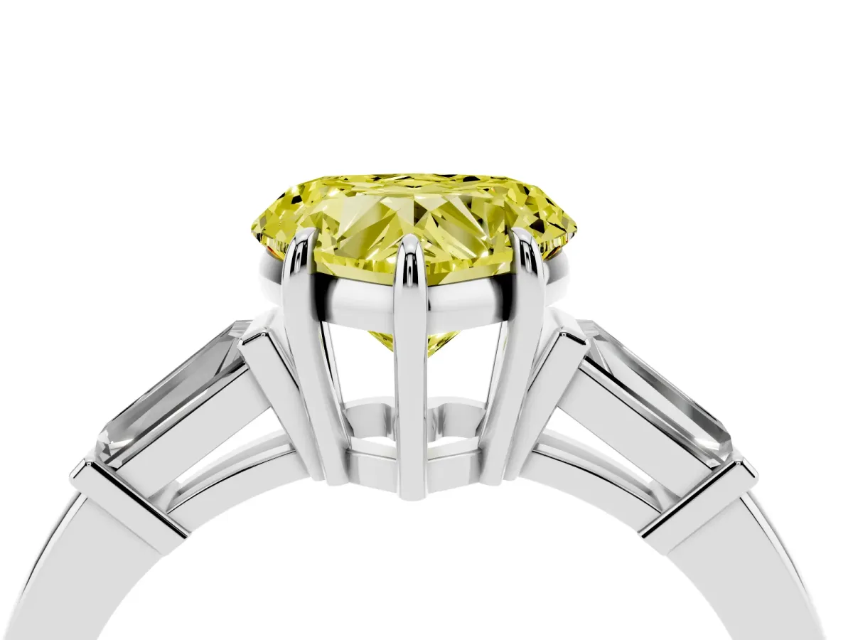 Fancy Yellow Heart Cut Diamond Three-Stone Ring with Tapered Baguette Side Stones and Prong Setting White gold