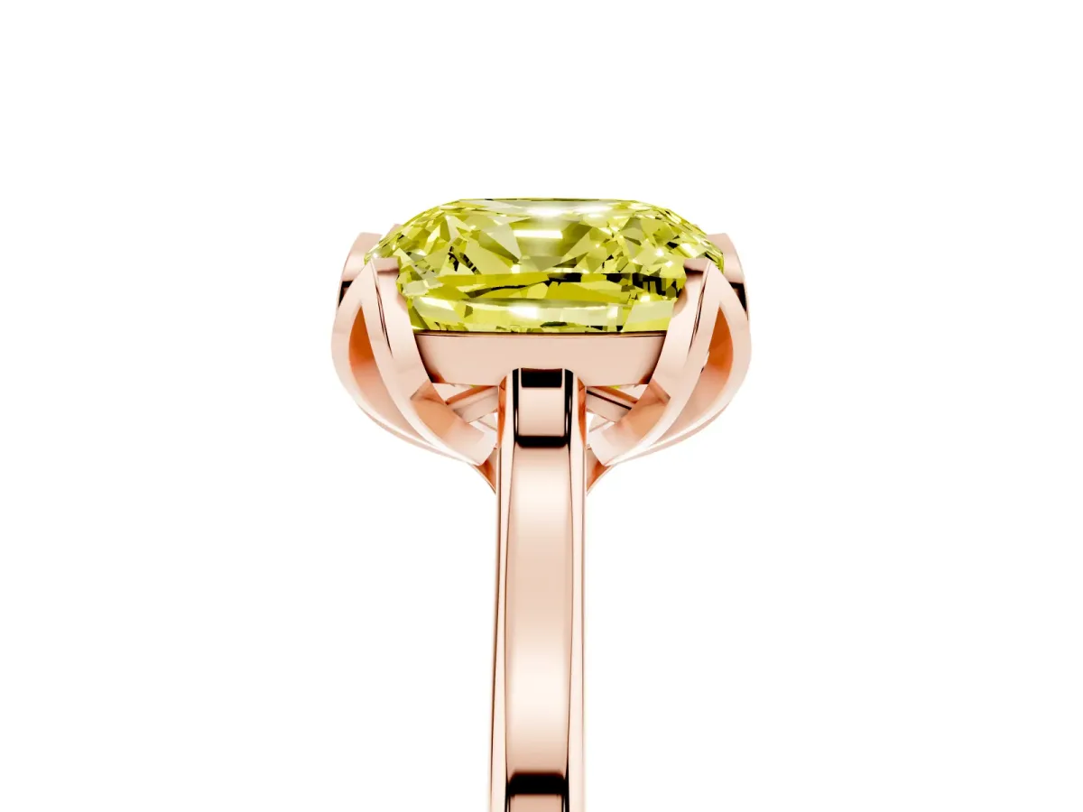 Fancy Yellow Cushion Cut Diamond Solitaire Ring with Flower Prong Setting and Classic Band Rose gold