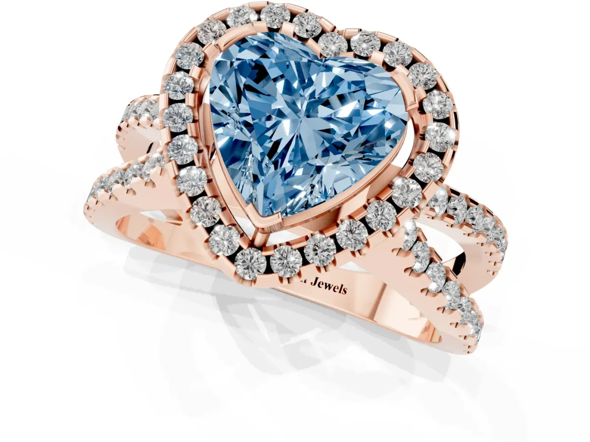 Fancy Blue Heart Cut Diamond Halo Ring with Split Shank Pavé Band and Prong Setting Rose gold