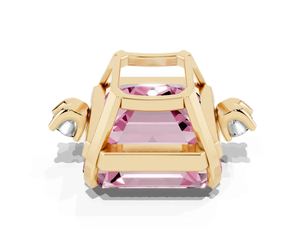 Fancy Pink Asscher Cut Cut Three-Stone Solitaire Ring with Round Accent Diamonds and Four-Prong Setting Yellow gold