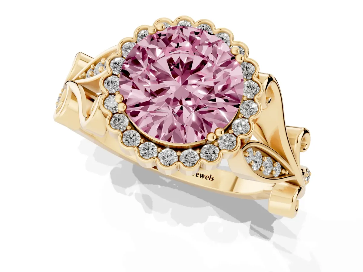Fancy Pink Round Cut Diamond Halo Ring with Vintage Split Shank and Four-Prong Setting Yellow gold