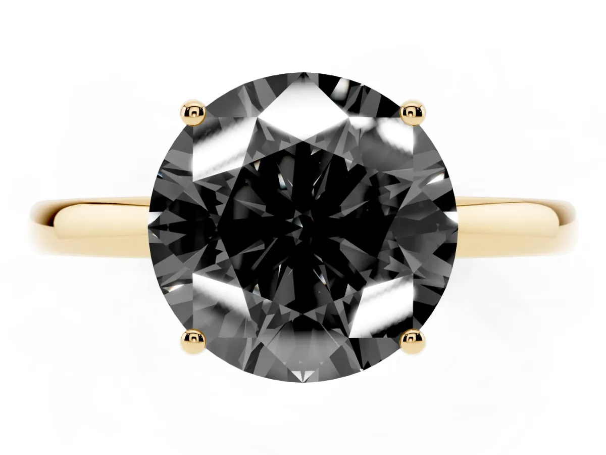 Fancy Black Round Cut Solitaire Diamond Ring with Prong Setting and Plain Band Yellow gold