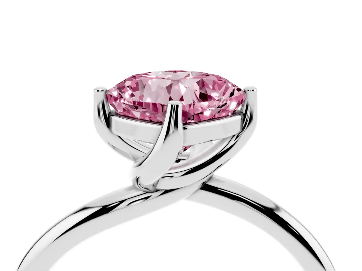 Fancy Pink Cushion Cut Diamond Solitaire Engagement Ring with Four-Prong Setting and Classic Band Platinum