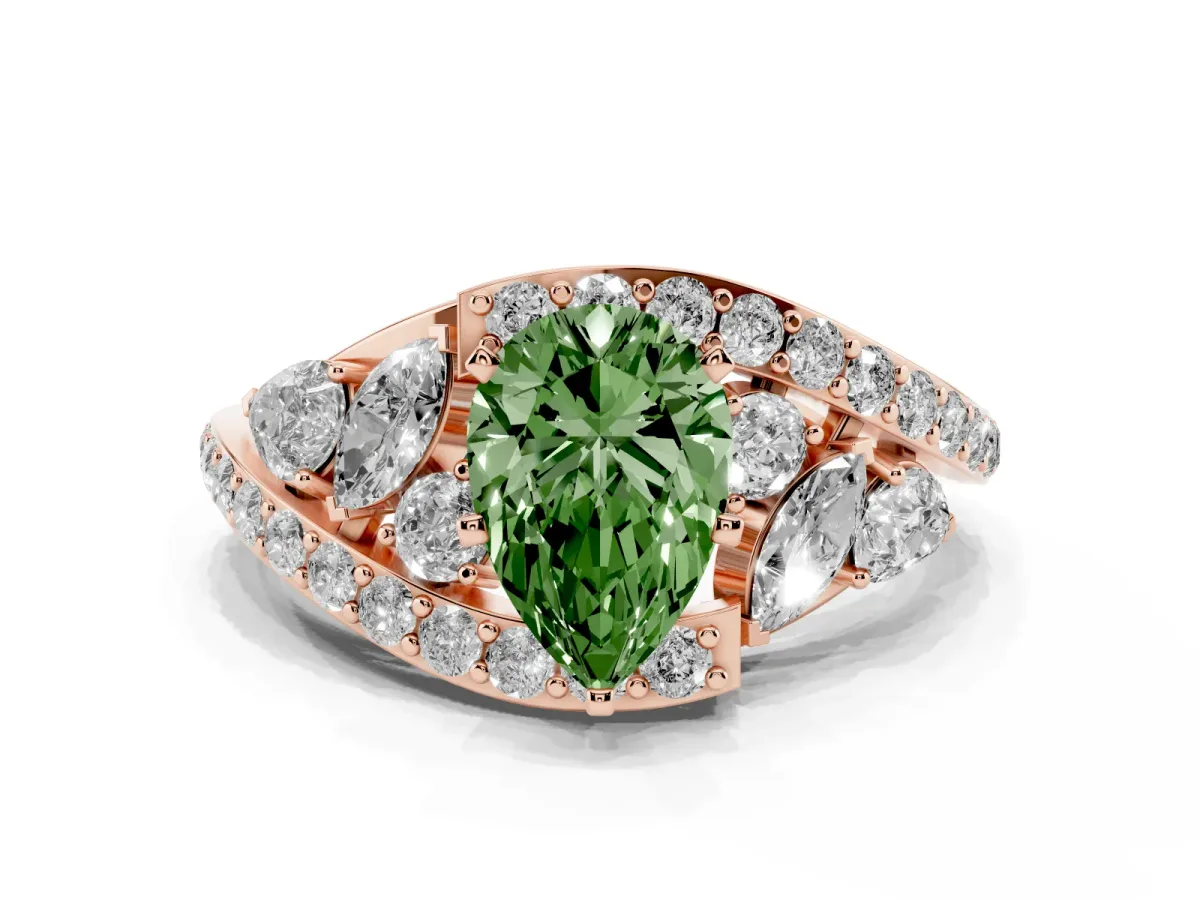 Fancy Green Pear Cut Diamond Halo Ring with Marquise and Pavé Band in Prong Setting Rose gold