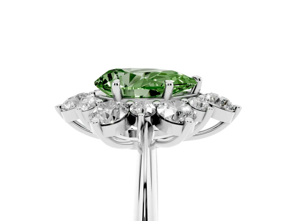 Fancy Green Pear Cut Diamond Cluster Halo Ring with Solitaire Band and Four-Prong Setting Silver