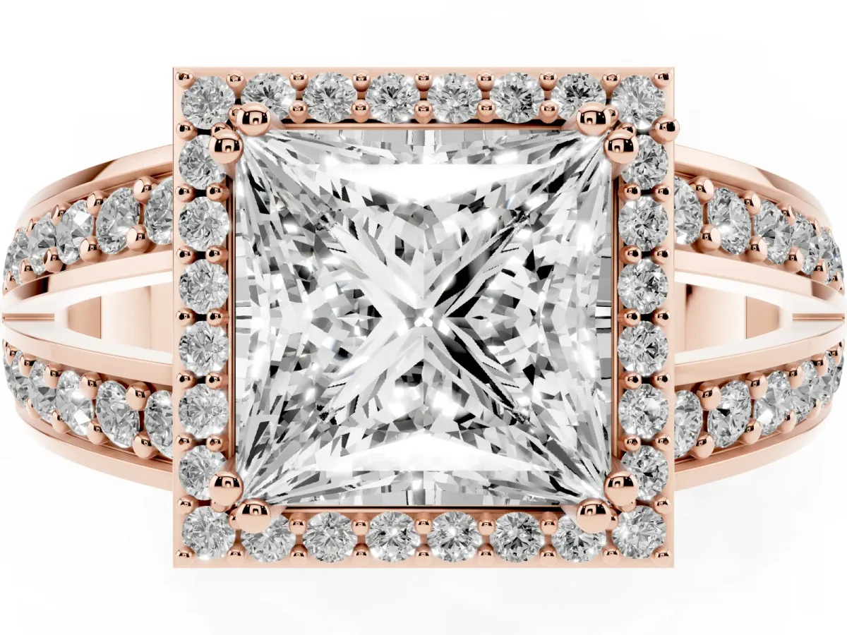 Princess Cut Diamond Halo Ring with Split Shank Pavé Band and Four-Prong Setting Rose gold
