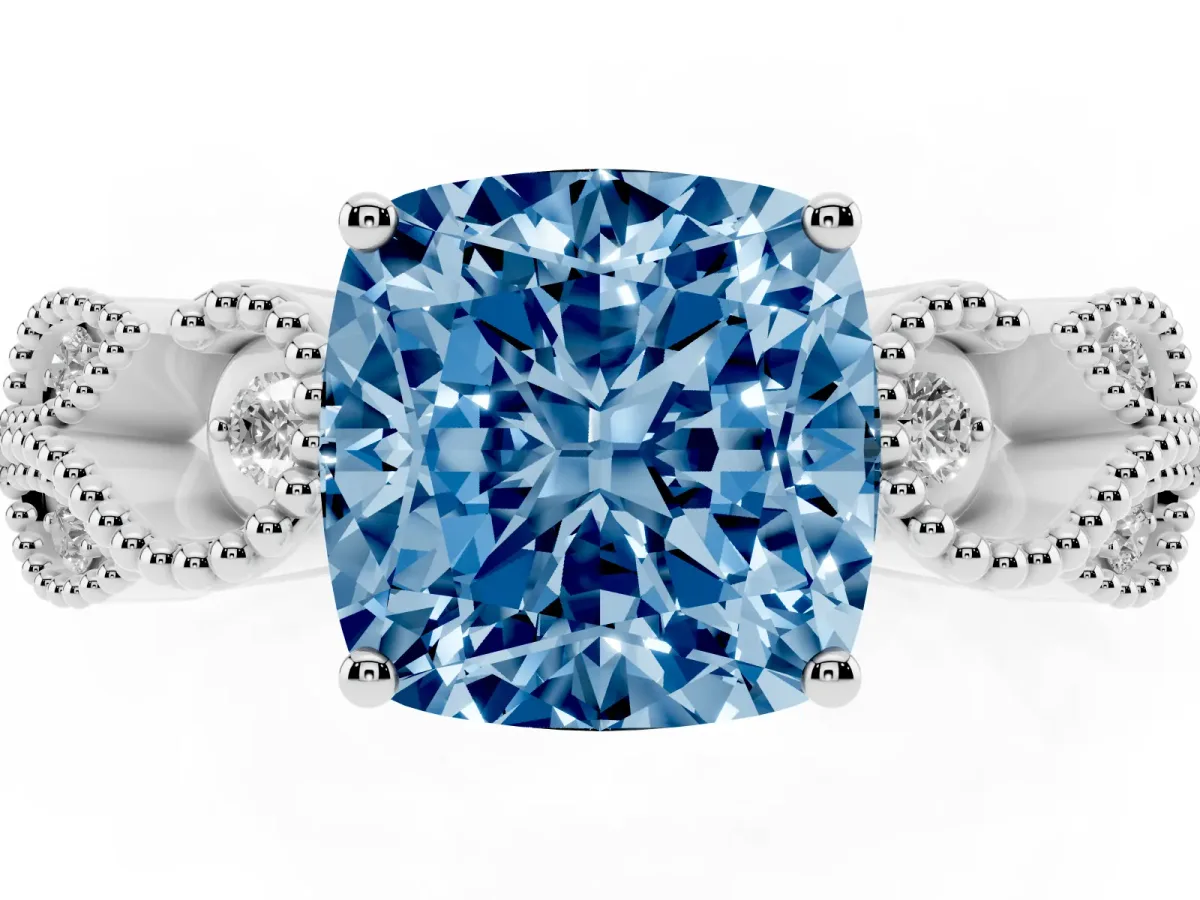 Fancy Blue Cushion Cut Solitaire Milgrain Leaf Band with Prong Setting Silver