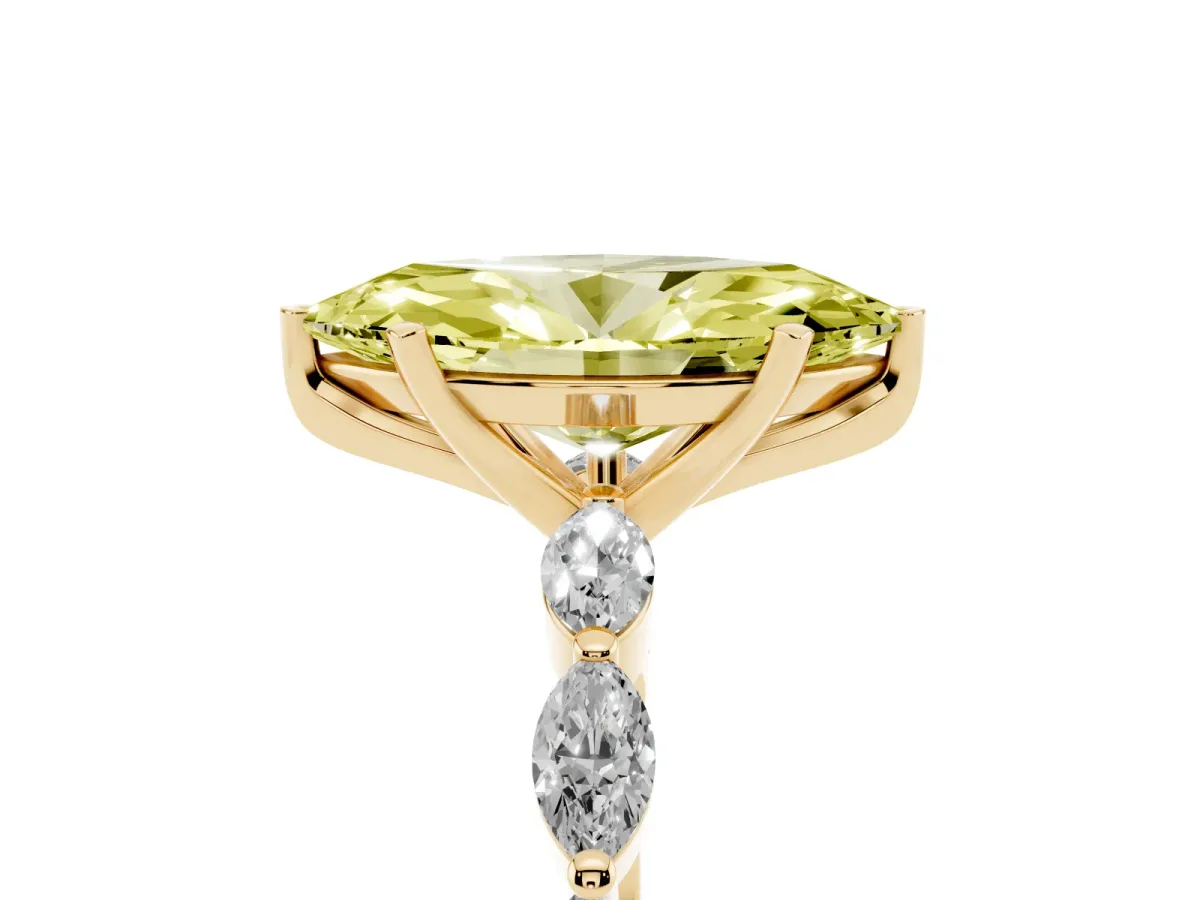 Fancy Yellow Marquise Cut Diamond Ring with Marquise Side Stones and Prong Setting Yellow gold