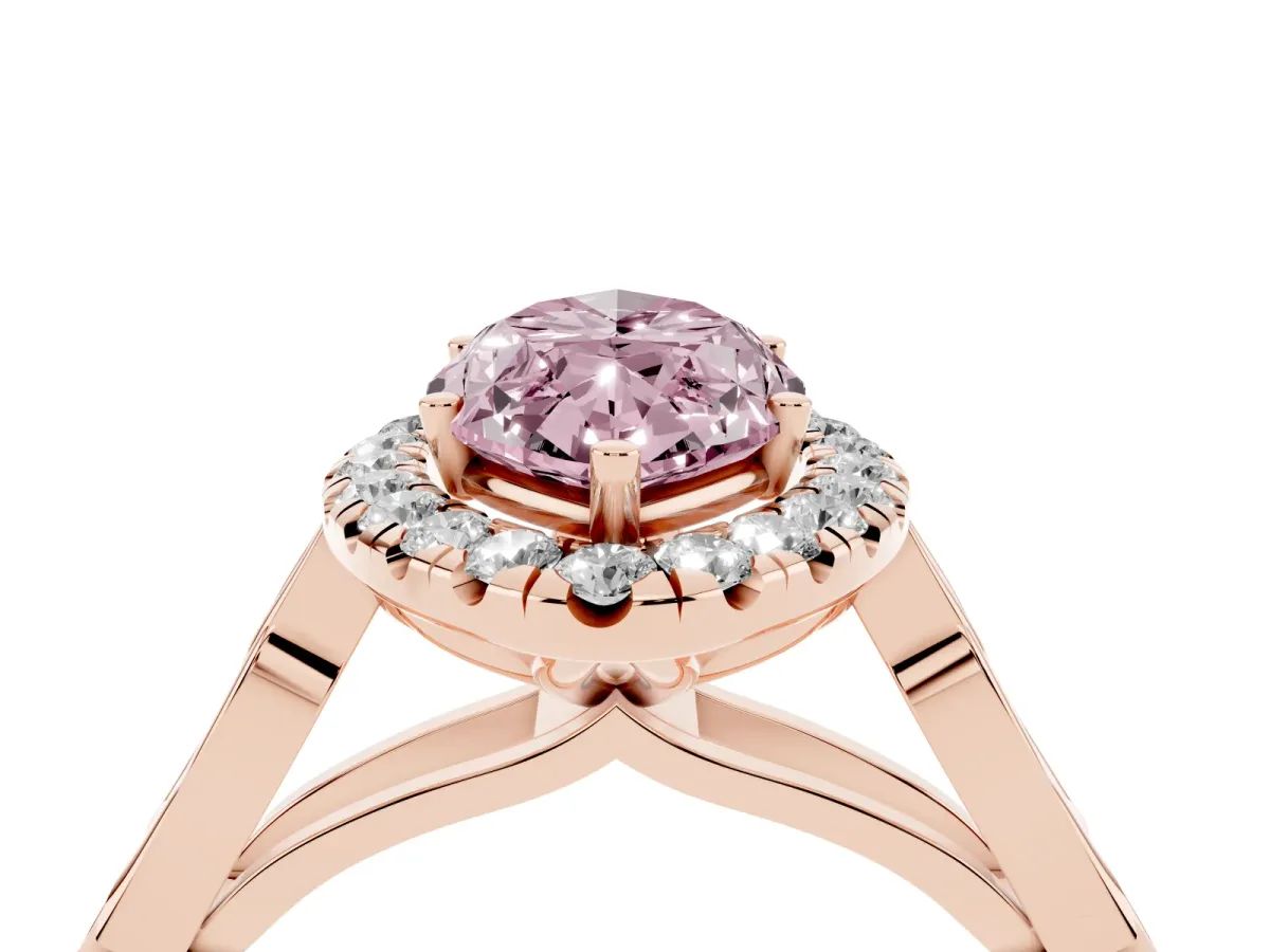 Fancy Pink Marquise Cut Halo Diamond Engagement Ring with Filigree Band and Four-Prong Setting Rose gold