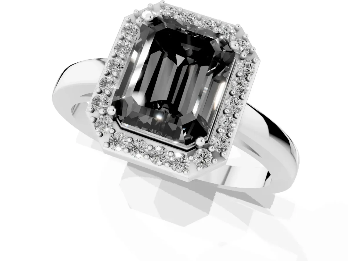Fancy Black Radiant Cut Halo Diamond Ring with Solitaire Band and Prong Setting Platinum