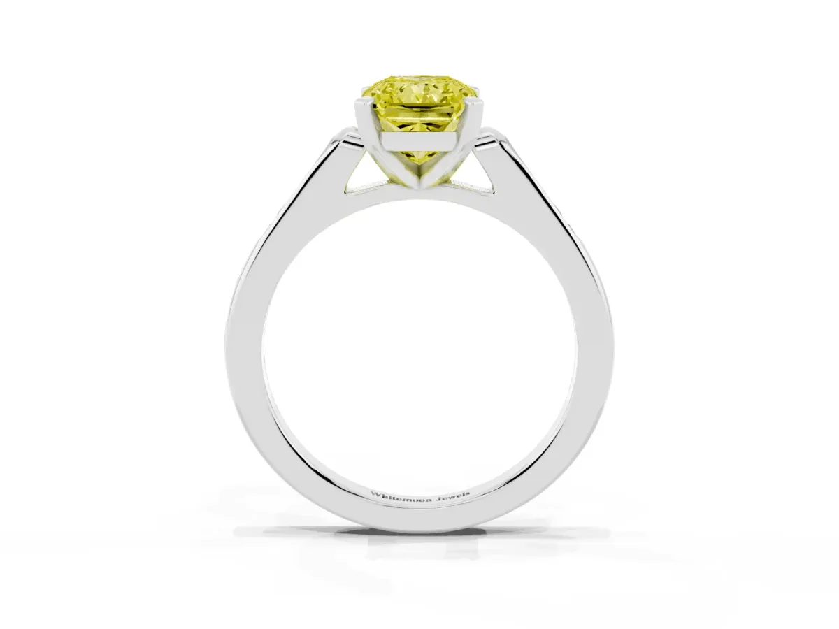 Fancy Yellow Radiant Cut Diamond Solitaire Ring with Channel Set Round Band and Prong Setting Platinum