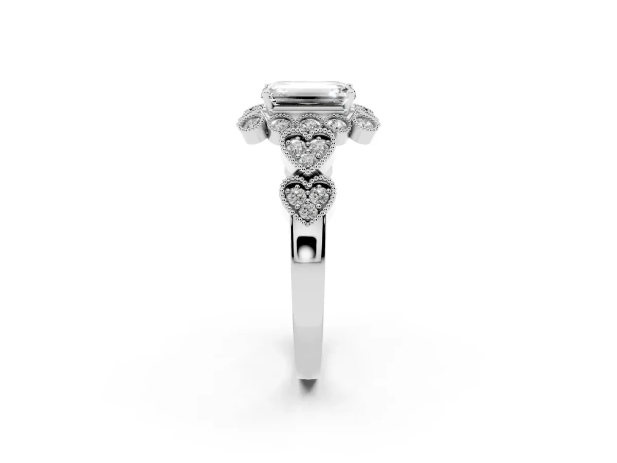 Emerald Cut Brilliant Milgrain Pave Heart Band Solitaire Ring Silver