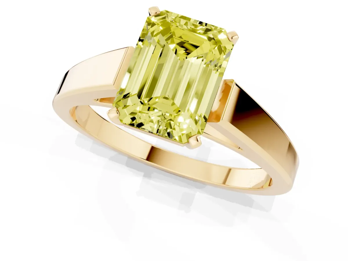 Fancy Yellow Emerald Cut Solitaire Engagement Ring with Four-Prong Setting and Tapered Band Yellow gold