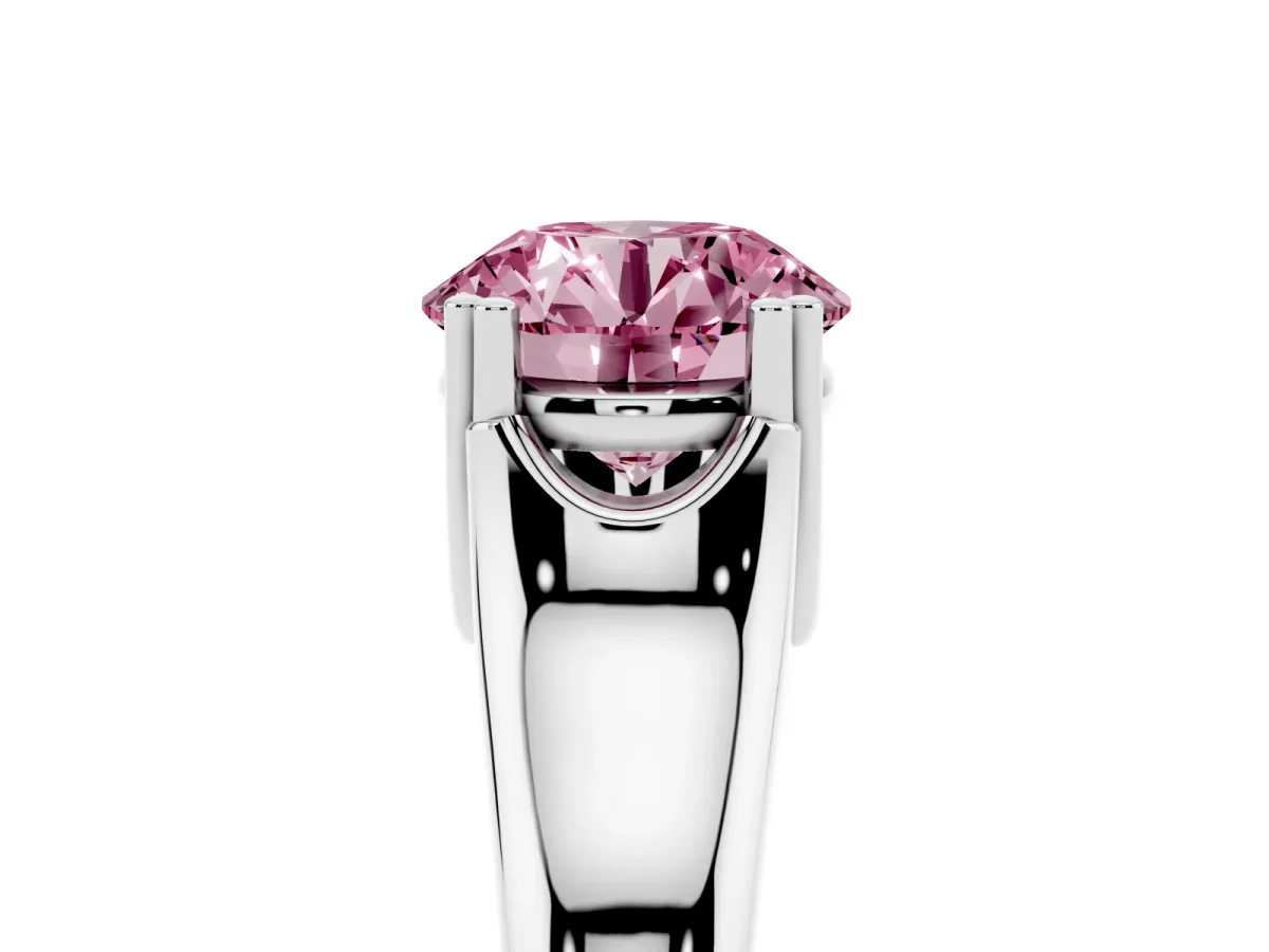 Fancy Pink Round Cut Diamond Solitaire Ring with Wide Band and Prong Setting Silver