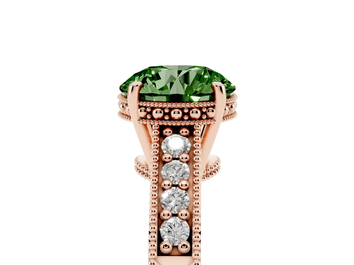 Fancy Green Round Cut Solitaire Pavé Diamond Milgrain Engagement Ring with Four-Prong Setting Rose gold