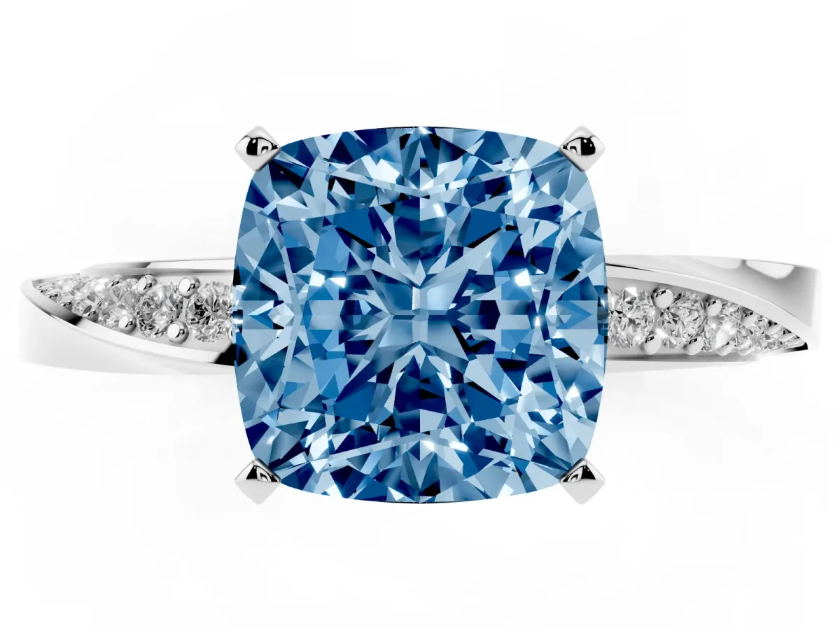 Fancy Blue Cushion Cut Diamond Engagement Ring with Side Stone Accents and Four-Prong Setting White gold