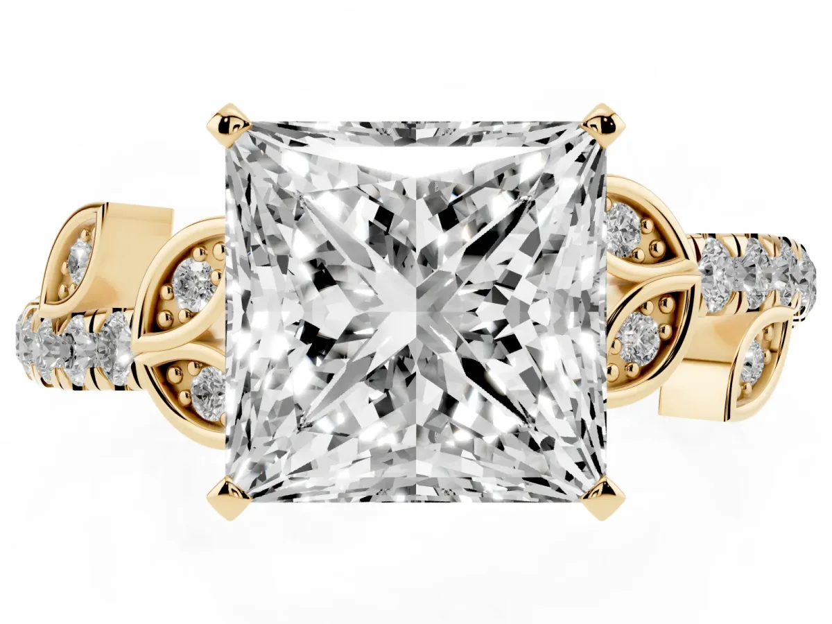 Princess Cut Solitaire Leaf-Inspired Diamond Ring with Pavé Band and Four-Prong Setting Yellow gold
