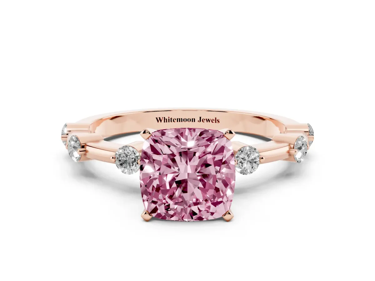 Fancy Pink Cushion Cut Solitaire Diamond Ring with Bezel Set Side Stones and Prong Setting Rose gold