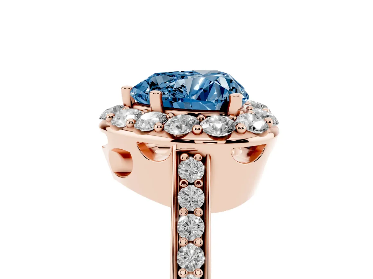 Fancy Blue Heart Cut Diamond Floral Halo Ring with Pavé Band and Prong Setting Rose gold