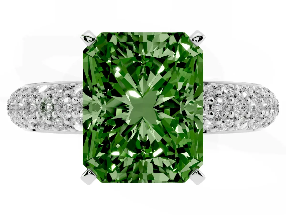 Fancy Green Radiant Cut Diamond Solitaire Ring with Prong Setting and Pavé Band Silver