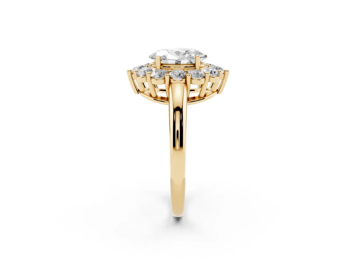 Oval Cut Halo Cluster Diamond Engagement Ring with Prong Setting and Polished Band Yellow gold