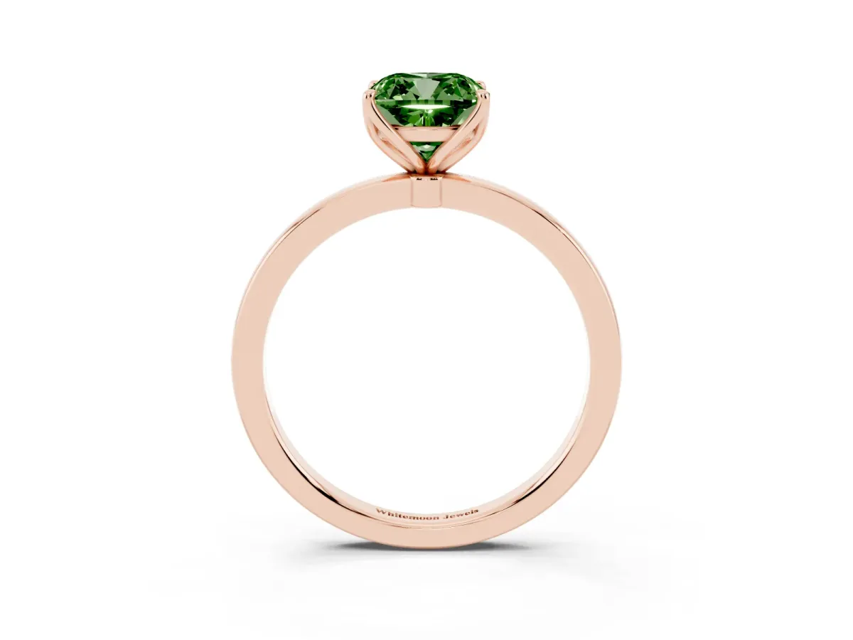Fancy Green Cushion Cut Diamond Solitaire Ring with Thin Band and Prong Setting Rose gold
