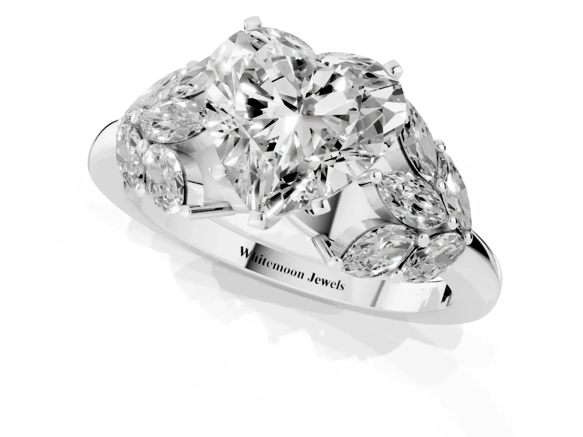 Heart Cut Diamond Cluster Leaf Design Ring with Prong Setting Silver